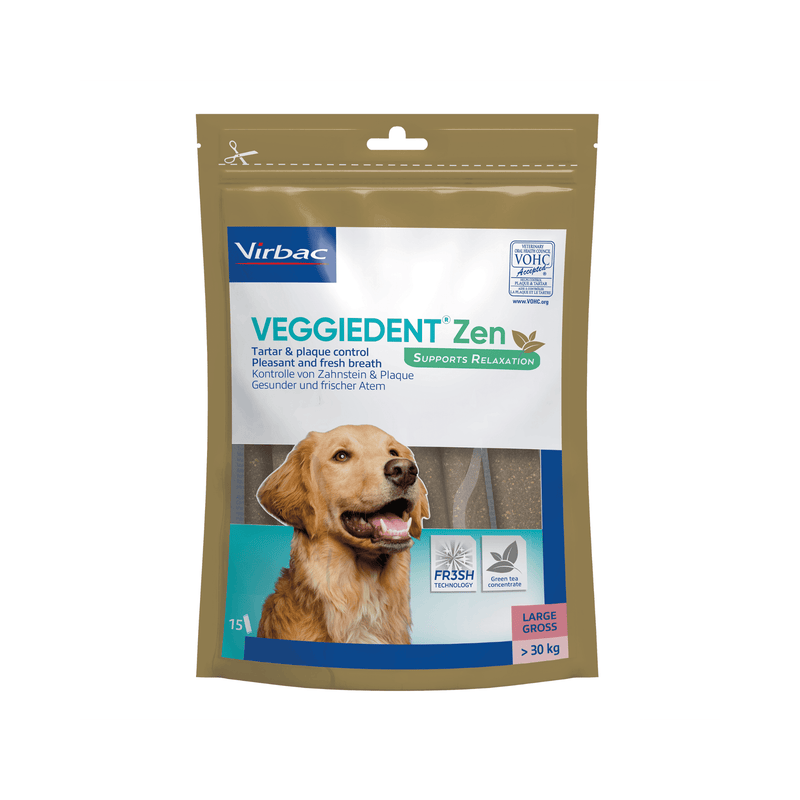 VeggieDent Zen dog treat package with a dog on the label against a white background