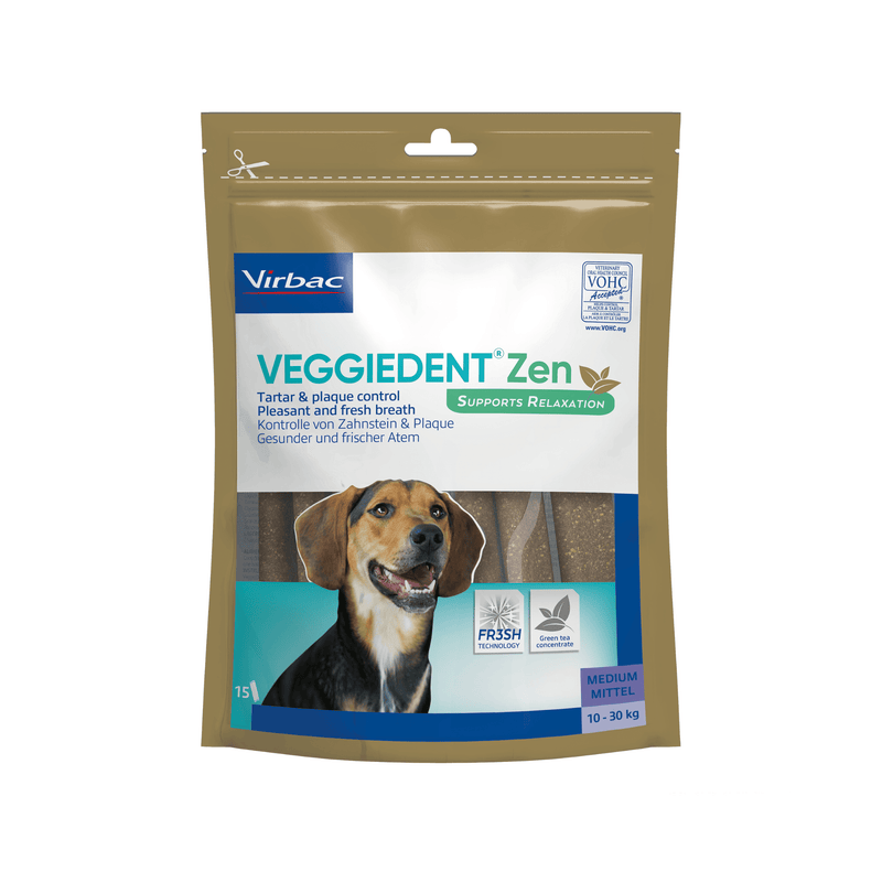 VeggieDent Zen dog treat package with a dog on the label against a white background