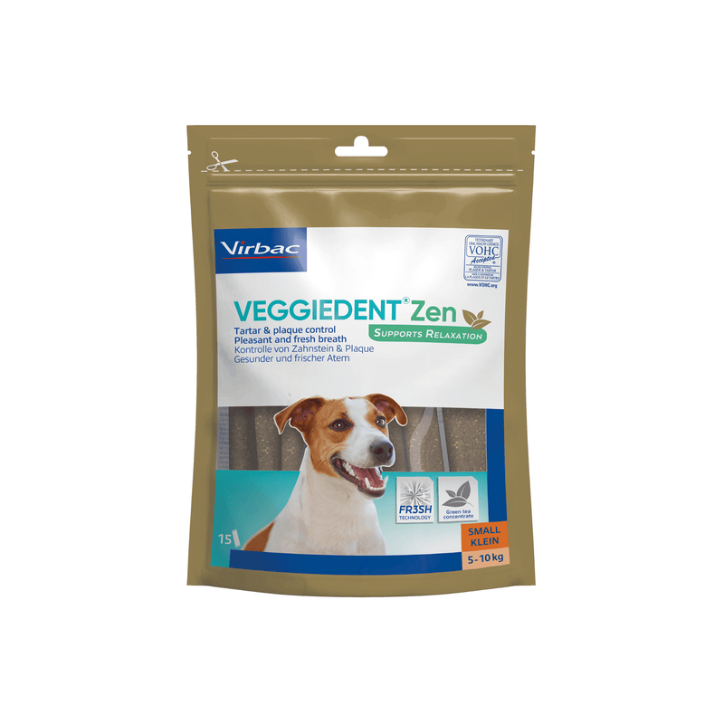 VeggieDent Zen dog treat package with a dog on the label against a white background