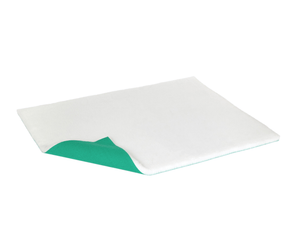 White cutting board with green corner on a white background