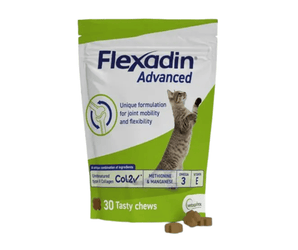 White background with a green and white packet with a tabby cat pictured on the bag. Text on the bags reads 'Flexadin Advanced, Unique formulation for for joint mobility and flexibility.' In the foreground are three cross shaped treats. 