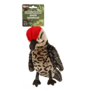 Large Woodpecker dog toy with red head, animal print belly and mottled wings and tail attached to a green cardboard backing with white text 'Forest Friends Walter Woodpecker' and smaller text saying 'Plush squeaky dog toy' pictured on a white background. 