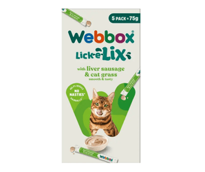 White background with a cream box of 75g Webbox Lick-e-lix liver and cat grass treats for cats, with a tabby cat licking it's lips on the box.