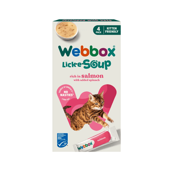 White background with a cream box of Webbox Lick-e-Soup salmon treats for cats, with a tabby cat licking jumping forward on the box.