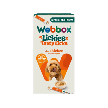 White background with a cream box of 75g Webbox Lickies chicken treats for dogs, with a dog licking it's lips on the box.
