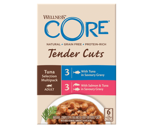 White background with a picture of a box of Wellness CORE Tender Cuts wet cat food. The box is cream with text stating 'Wellness CORE, Natural, Grain Free, Protein-Rich, Tender Cuts, Tuna Selection Multipack, Adult, 3x With Tuna in savoury gravy, 3x With Salmon & Tuna in savoury gravy' with a picture with a bowl of wet food below. 