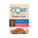 White background with a picture of a box of Wellness CORE Tender Cuts wet cat food. The box is cream with text stating 'Wellness CORE, Natural, Grain Free, Protein-Rich, Tender Cuts, Tuna Selection Multipack, Adult, 3x With Tuna in savoury gravy, 3x With Salmon & Tuna in savoury gravy' with a picture with a bowl of wet food below. 