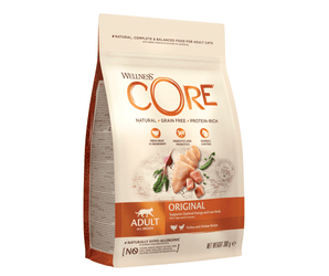 White background with a picture of a bag of Wellness CORE Original Cat Food. On the bag is pictures of chicken breast, turkey chunks, peas and a beet. The text on the bag 'Wellness CORE, Natural, Grain Free, Protein-Rich' and 'Adult, All breeds, Original'. 