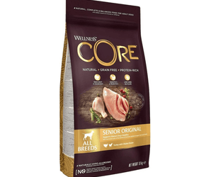 White background with a picture of a bag of Wellness CORE Original Dog Food. On the bag is pictures of chicken leg, turkey fillet, blueberries and a beet. The text on the bag 'Wellness CORE, Natural, Grain Free, Protein-Rich' and 'All breeds, Senior Original, Turkey with Chicken Recipe'. 