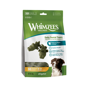 White background with a green and white bag of Whimzeez Dental Alligator Treats with a collie dog pictured on the packet.