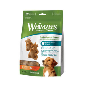 White background with a green and white bag of Whimzeez Dental Hedgehog Treats with a golden retriever type dog pictured on the packet.