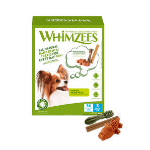 Green and white box of Whimzees Variety Value box for Small dogs. With a Pappapillon dog pictured on the box. 