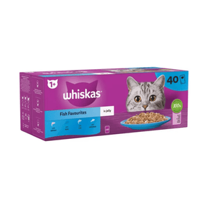White background with a purple box of Whiskas Fish Favourites, on the box is silver tabby cat in front of a bowl on food. Text on the pack reads 'Whiskas, 1+ years,  Fish Favourites, in Jelly, 40x85g'