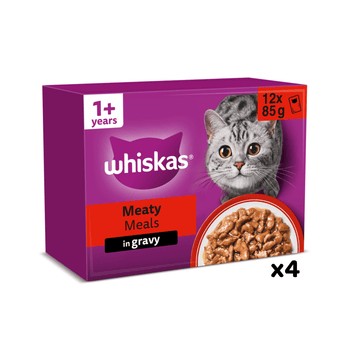 White background with a purple box of Whiskas Meaty Meals, on the box is silver tabby cat in front of a bowl on food. Text on the pack reads 'Whiskas, 1+ years, Meaty Meals, in Gravy, 12x85g'