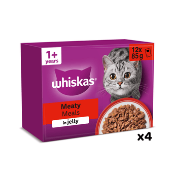 White background with a purple box of Whiskas Meaty Meals, on the box is silver tabby cat in front of a bowl on food. Text on the pack reads 'Whiskas, 1+ years, Meaty Meals, in Jelly, 12x85g'