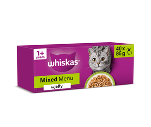 White background with a purple box of Whiskas Mixed Menu, on the box is silver tabby cat in front of a bowl on food. Text on the pack reads 'Whiskas, 1+ years, Mixed Menu, in Jelly, 40x85g'