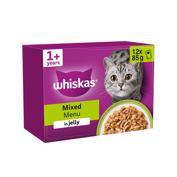 White background with a purple box of Whiskas Mixed Menu, on the box is silver tabby cat in front of a bowl on food. Text on the pack reads 'Whiskas, 1+ years, Mixed Menu, in Jelly, 12x85g'
