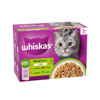 White background with a purple box of Whiskas Mixed Menu, on the box is silver tabby cat in front of a bowl on food. Text on the pack reads 'Whiskas, 1+ years, Mixed Menu, in Jelly, 12x85g'