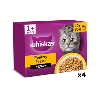 White background with a purple box of Whiskas Poultry Feasts, on the box is silver tabby cat in front of a bowl on food. Text on the pack reads 'Whiskas, 1+ years, Poultry Feasts, in Gravy, 12x85g'