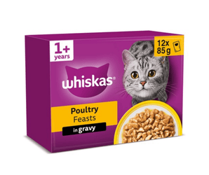 White background with a purple box of Whiskas Poultry Feasts, on the box is silver tabby cat in front of a bowl on food. Text on the pack reads 'Whiskas, 1+ years, Poultry Feasts, in Gravy, 12x85g'