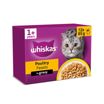White background with a purple box of Whiskas Poultry Feasts, on the box is silver tabby cat in front of a bowl on food. Text on the pack reads 'Whiskas, 1+ years, Poultry Feasts, in Gravy, 12x85g'