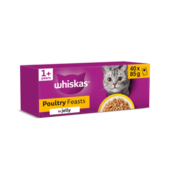 White background with a purple box of Whiskas Poultry Feasts, on the box is silver tabby cat in front of a bowl on food. Text on the pack reads 'Whiskas, 1+ years, Poultry Feasts, in Jelly, 40x85g'