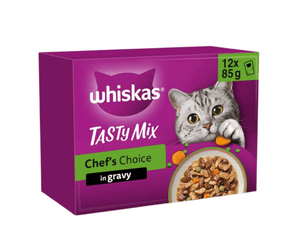 White background with a purple box of Whiskas Country Collection, on the box is silver tabby kitten in front of a bowl on food. Text on the pack reads 'Whiskas, 1+, Country Collection, in Jelly, 12x85g'