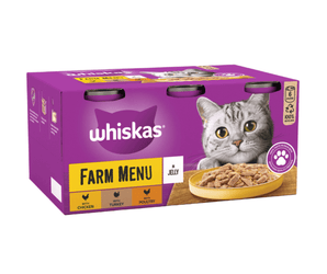 White background with a purple box of Whiskas Farm Menu, on the box is silver tabby cat in front of a bowl on food. Text on the pack reads 'Whiskas, Farm Menu in Jelly'.