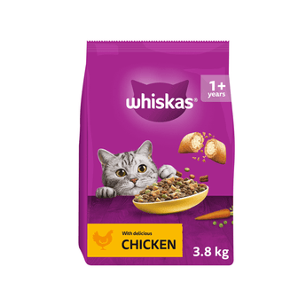 White background with a purple bag of Whiskas Chicken dry food, on the bag is silver tabby cat in front of a bowl on food. Text on the bag reads 'Whiskas, 1+ years,  with delicious chicken, 3.8kg'.