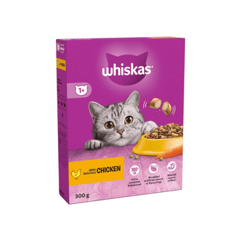 White background with a purple box of Whiskas Chicken dry food, on the box is silver tabby cat in front of a bowl on food. Text on the box reads 'Whiskas, 1+ years,  with delicious chicken, 300g'.