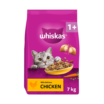 White background with a purple bag of Whiskas Chicken dry food, on the bag is silver tabby cat in front of a bowl on food. Text on the bag reads 'Whiskas, 1+ years,  with delicious Chicken, 7kg'.