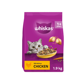 White background with a purple bag of Whiskas Chicken dry food, on the bag is silver tabby cat in front of a bowl on food. Text on the bag reads 'Whiskas, 1+ years,  with delicious chicken, 1.9kg'.