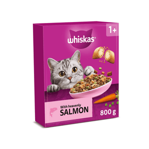 White background with a purple box of Whiskas Salmon dry food, on the box is silver tabby cat in front of a bowl on food. Text on the box reads 'Whiskas, 1+ years,  with heavenly Salmon, 800g'.