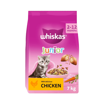 White background with a purple bag of Whiskas Chicken dry kitten food, on the bag is silver tabby kitten in front of a bowl on food. Text on the bag reads 'Whiskas, 2-12months, with delicious chicken, 7kg'.