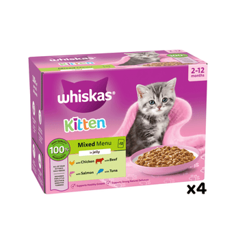 White background with a purple box of Whiskas Mixed Menu, on the box is silver tabby kitten in front of a bowl on food. Text on the pack reads 'Whiskas, 2-12months, Mixed Menu, in Jelly, 12x85g'