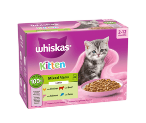 White background with a purple box of Whiskas Mixed Menu, on the box is silver tabby kitten in front of a bowl on food. Text on the pack reads 'Whiskas, 2-12months, Mixed Menu, in Jelly, 12x85g'