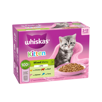 White background with a purple box of Whiskas Mixed Menu, on the box is silver tabby kitten in front of a bowl on food. Text on the pack reads 'Whiskas, 2-12months, Mixed Menu, in Jelly, 12x85g'