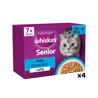 White background with a purple box of Whiskas Fish Favourites on the box is silver tabby cat in front of a bowl on food. Text on the pack reads 'Whiskas, 7+ years, Fish Favourites, in Jelly, 12x85g'.