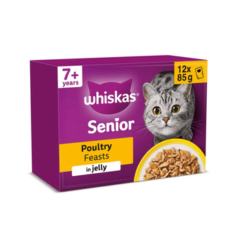 White background with a purple box of Whiskas Poultry Feasts, on the box is silver tabby cat in front of a bowl on food. Text on the pack reads 'Whiskas, 7+ years, Poultry Feasts, in Jelly, 12x85g'