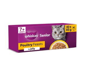 White background with a purple box of Whiskas Poultry Feasts, on the box is silver tabby cat in front of a bowl on food. Text on the pack reads 'Whiskas, 7+ years, Poultry Feasts, in Jelly, 40x85g'
