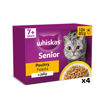White background with a purple box of Whiskas Poultry Feasts, on the box is silver tabby cat in front of a bowl on food. Text on the pack reads 'Whiskas, 7+ years, Poultry Feasts, in Jelly, 12x85g'