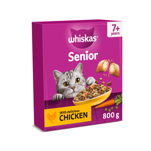 White background with a purple box of Whiskas Chicken dry senior food, on the box is silver tabby cat in front of a bowl on food. Text on the box reads 'Whiskas, 7+years, with delicious chicken, 800g'.