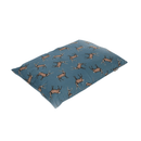 Pillow-type blue dog bed with illustrated stags pictured on a white background. 