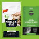 World's Best Cat Litter packaging with a cat on the label against a green background