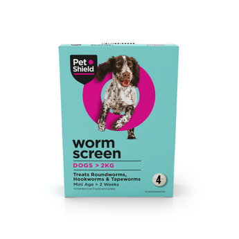 Pet Shield worm screen packaging for dogs on a white background