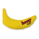 Fabric yellow banana shaped cat toy with red stitched text 'Yeowww! Catnip' on one end pictured on a white background. 