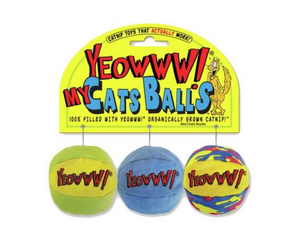 White background with three Yeowww! Cat Ball toys in a row, all different colours, attached to a cardboard tag.