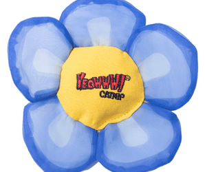 Blue flower cat toy with a yellow centre, with red stitched text that says 'Yeowww! catnip' on a white background. 