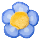 Back view of blue flower cat toy with a fluffy yellow centre on a white background. 