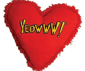 Red heart shaped cat toy with a fluffy trim and yellow stitch detail text 'Yeowww!' on a white background. 